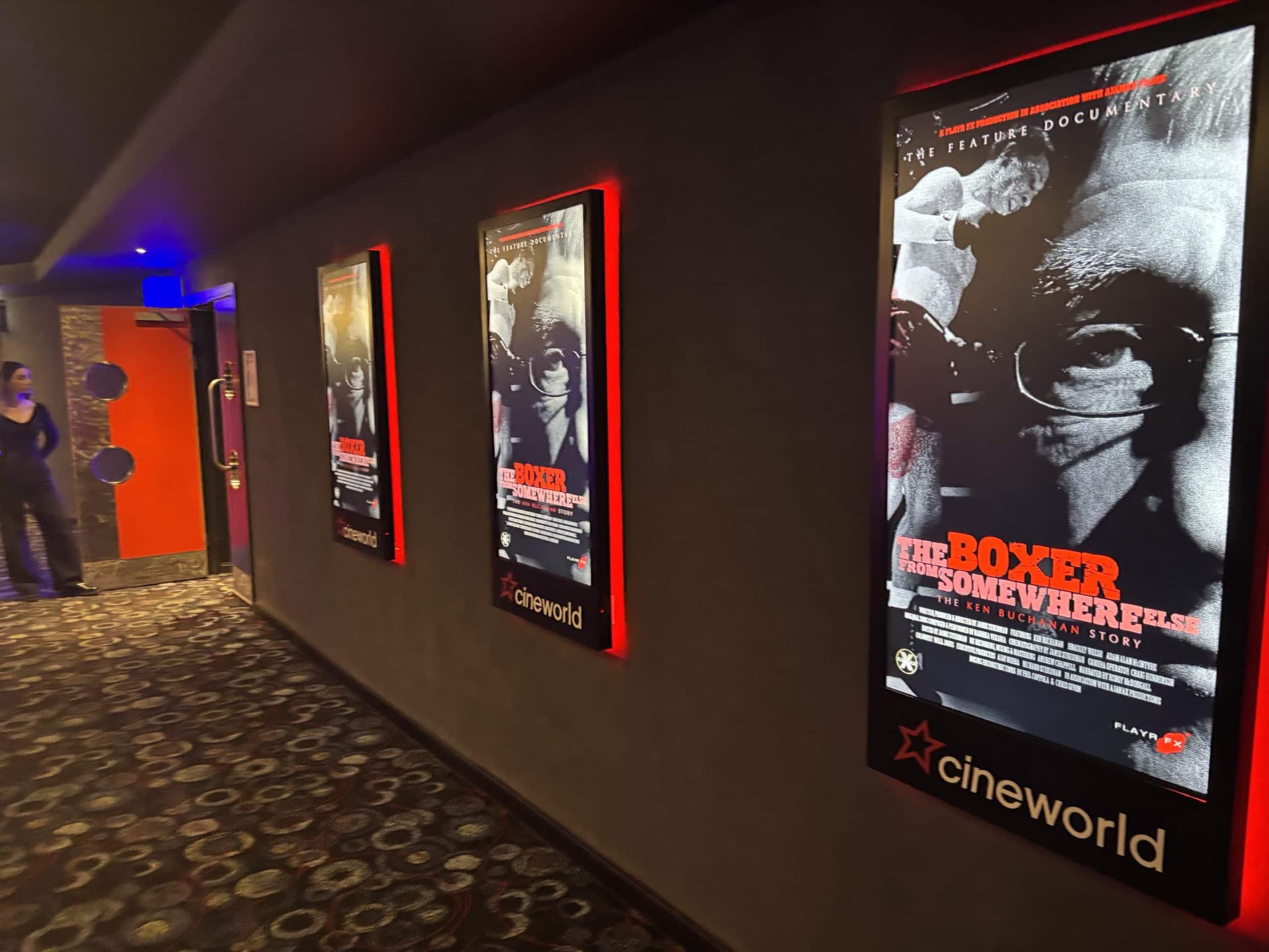 A corridor of digital posters for the film at Cineworld Fountain Park