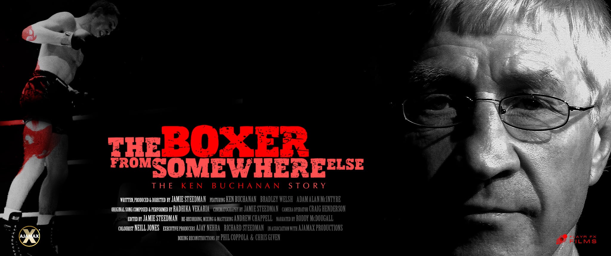 Poster for The Boxer from Somewhere Else: a boxer mid-punch beside a close-up of Ken Buchanan