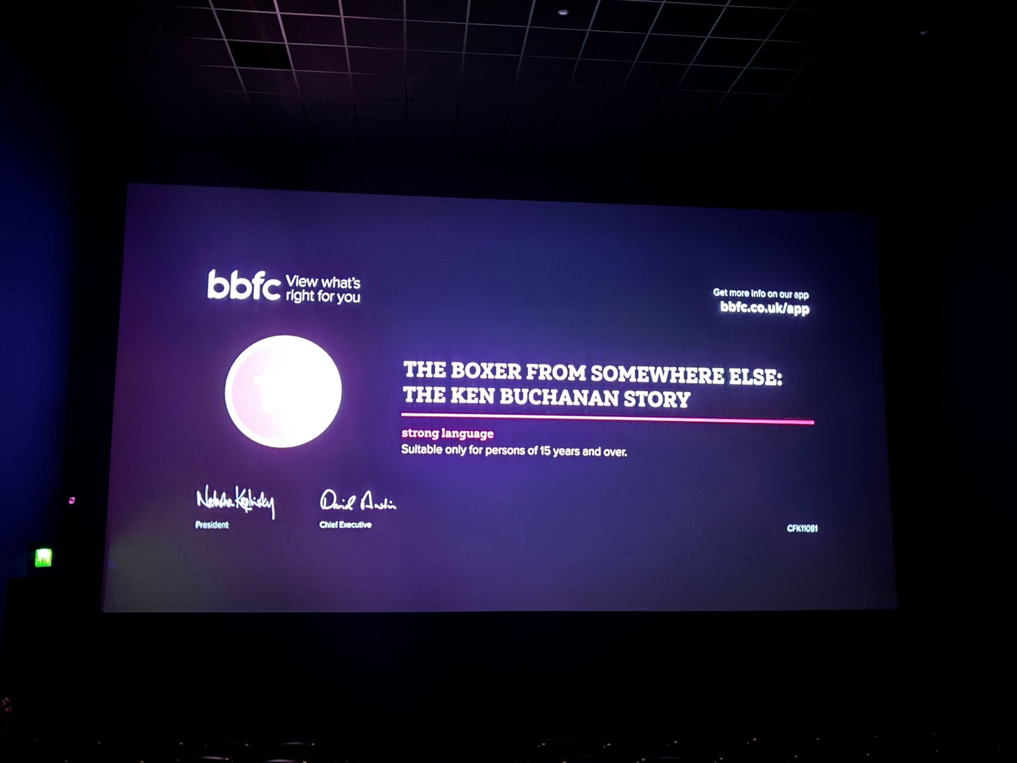 The BBFC certificate for The Boxer from Somewhere Else on the cinema screen