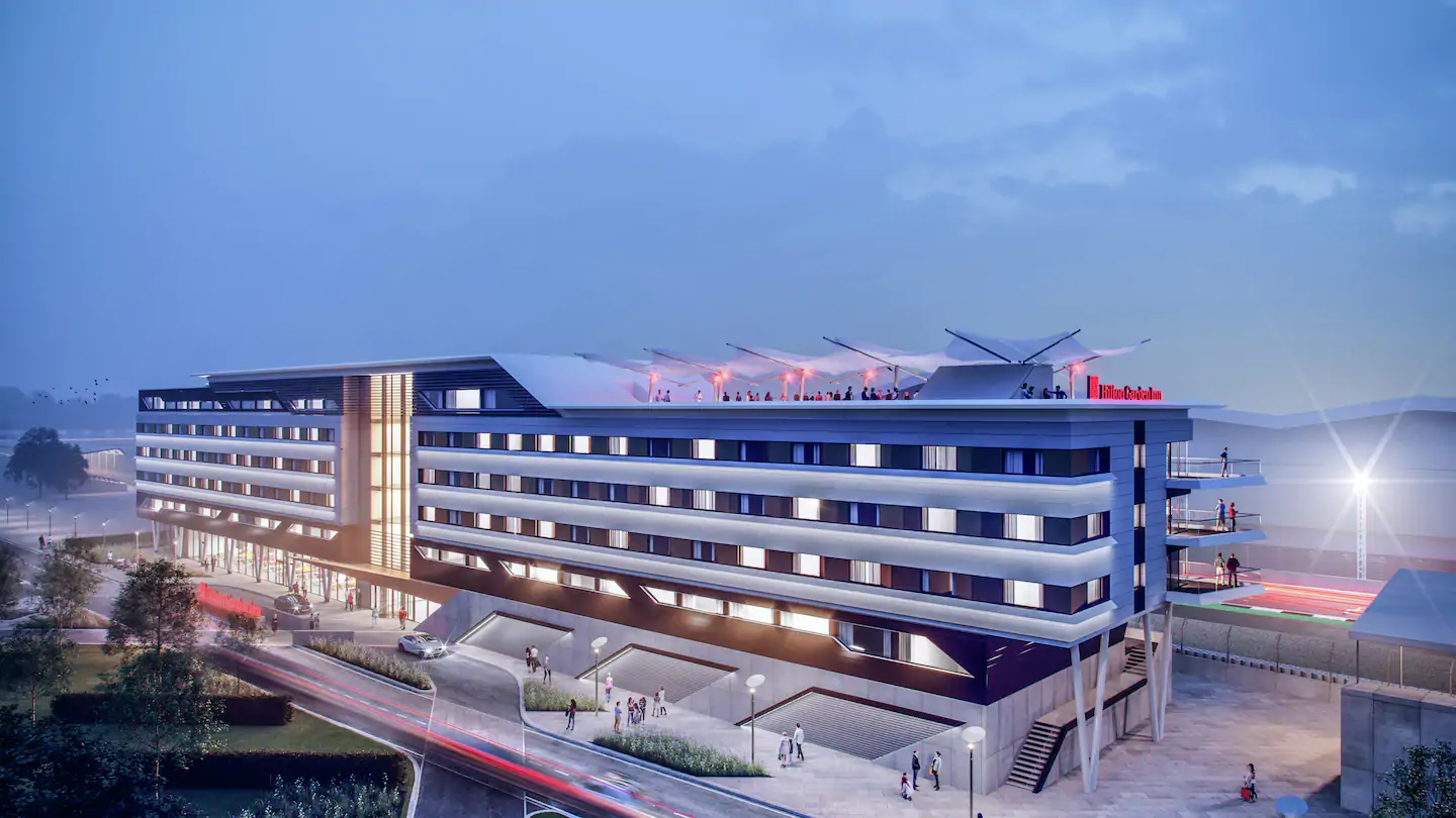 A Hilton hotel beside the Silverstone circuit at dusk