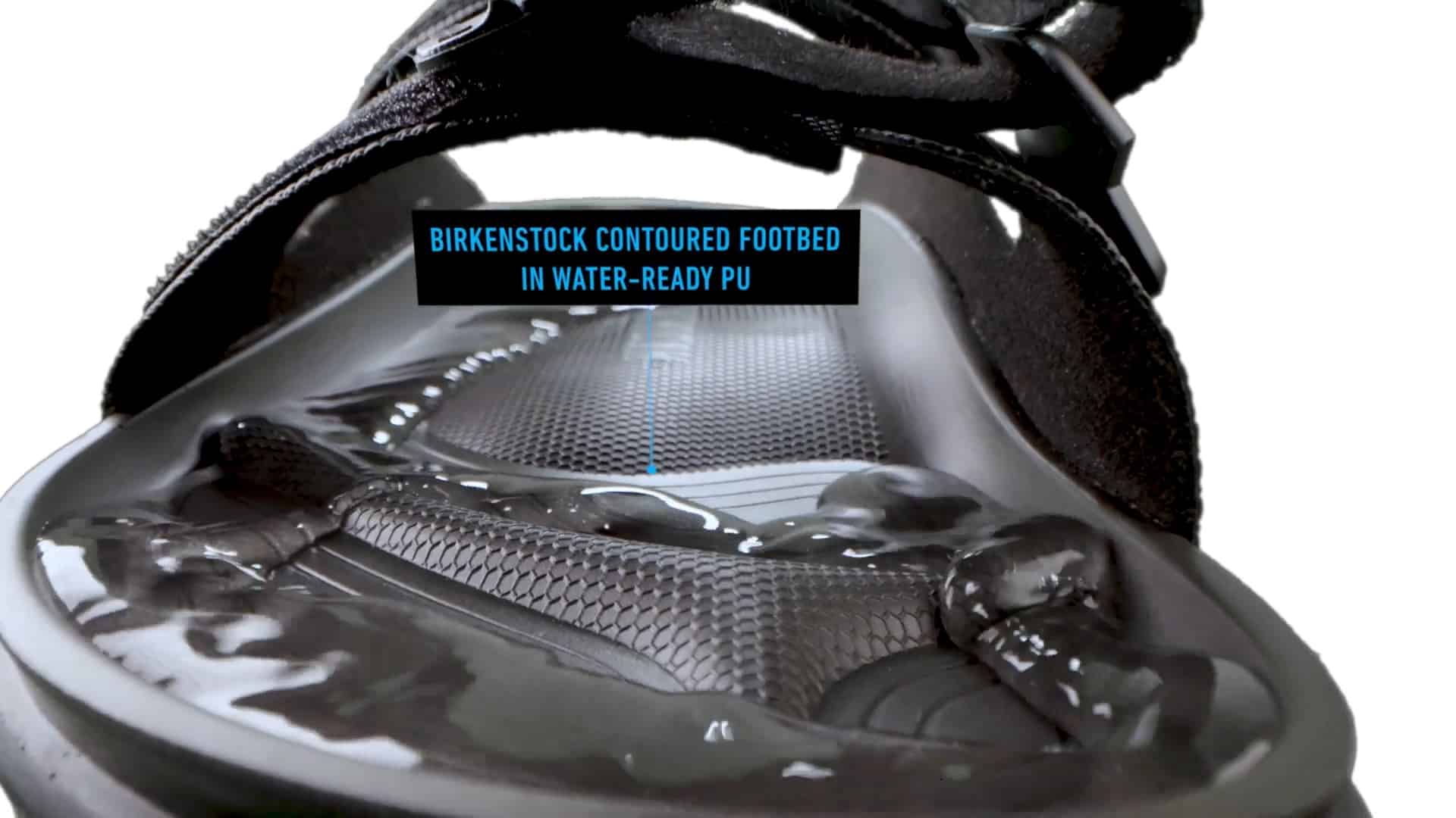 Close-up of the Birkenstock Atacama sandal’s contoured footbed in water-ready PU