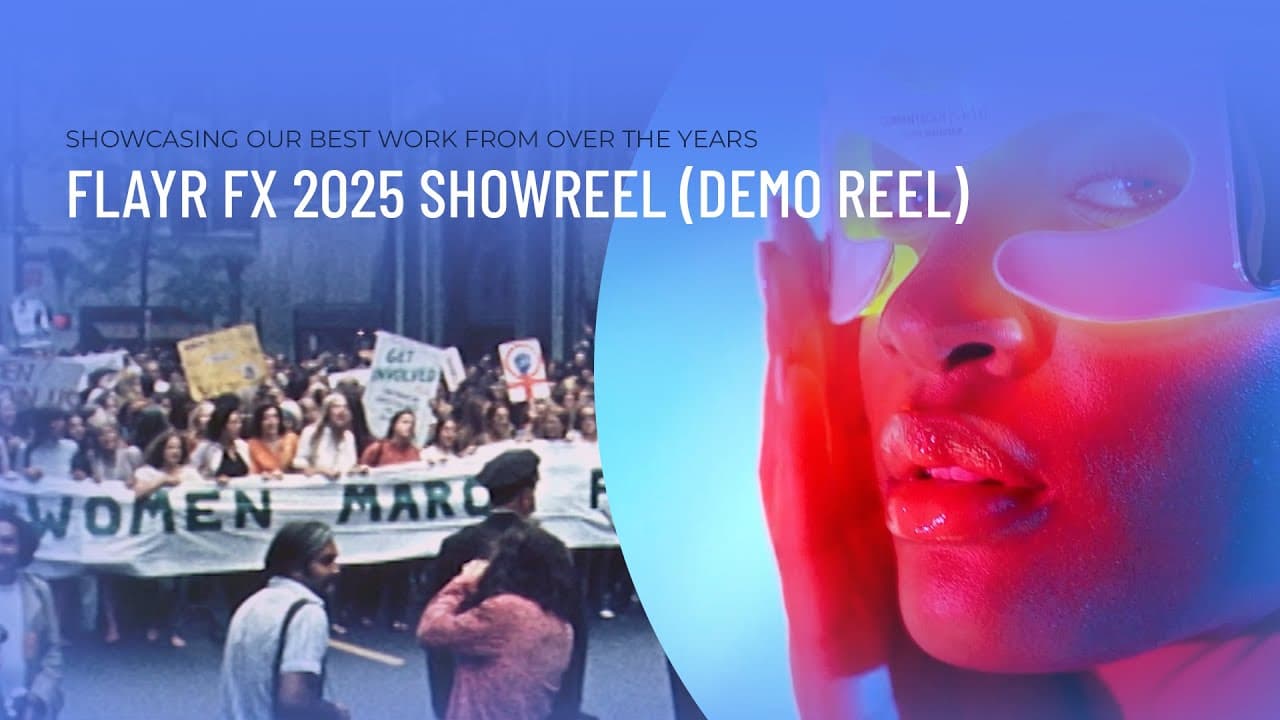 Play the general showreel: frames from a women’s march and a portrait lit in red and blue