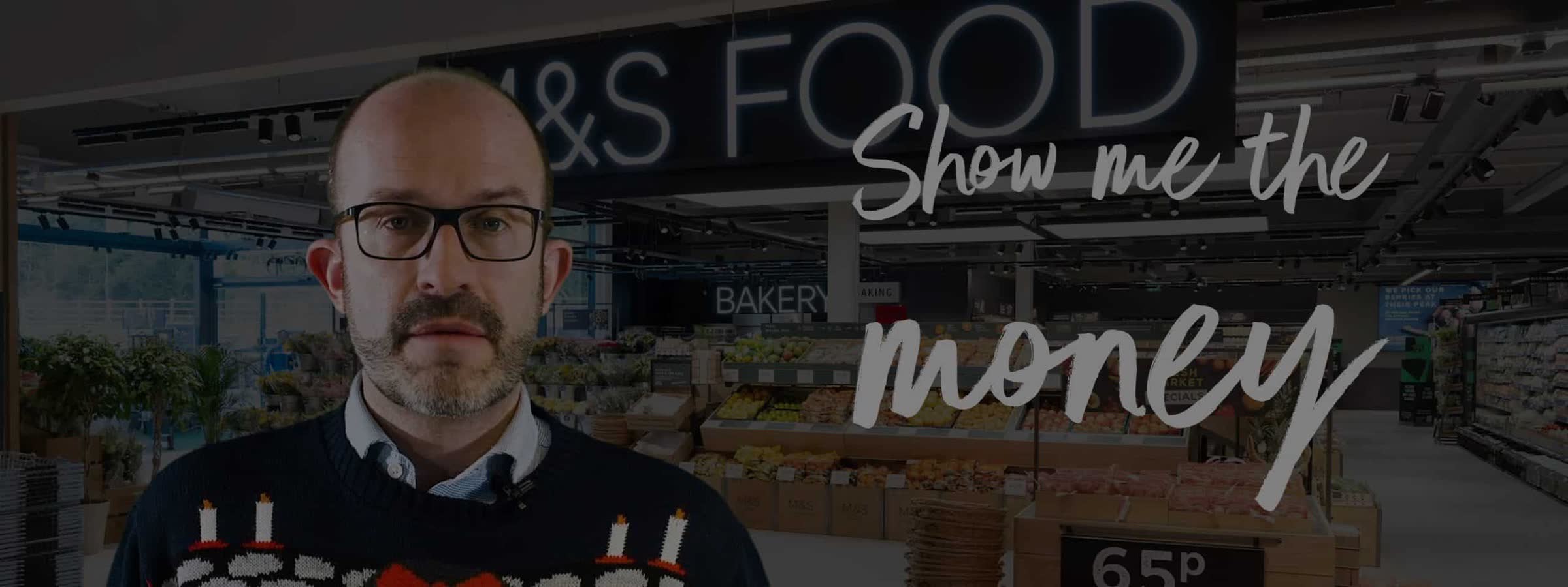 A presenter in an M&S Food store beside the “Show me the money” title