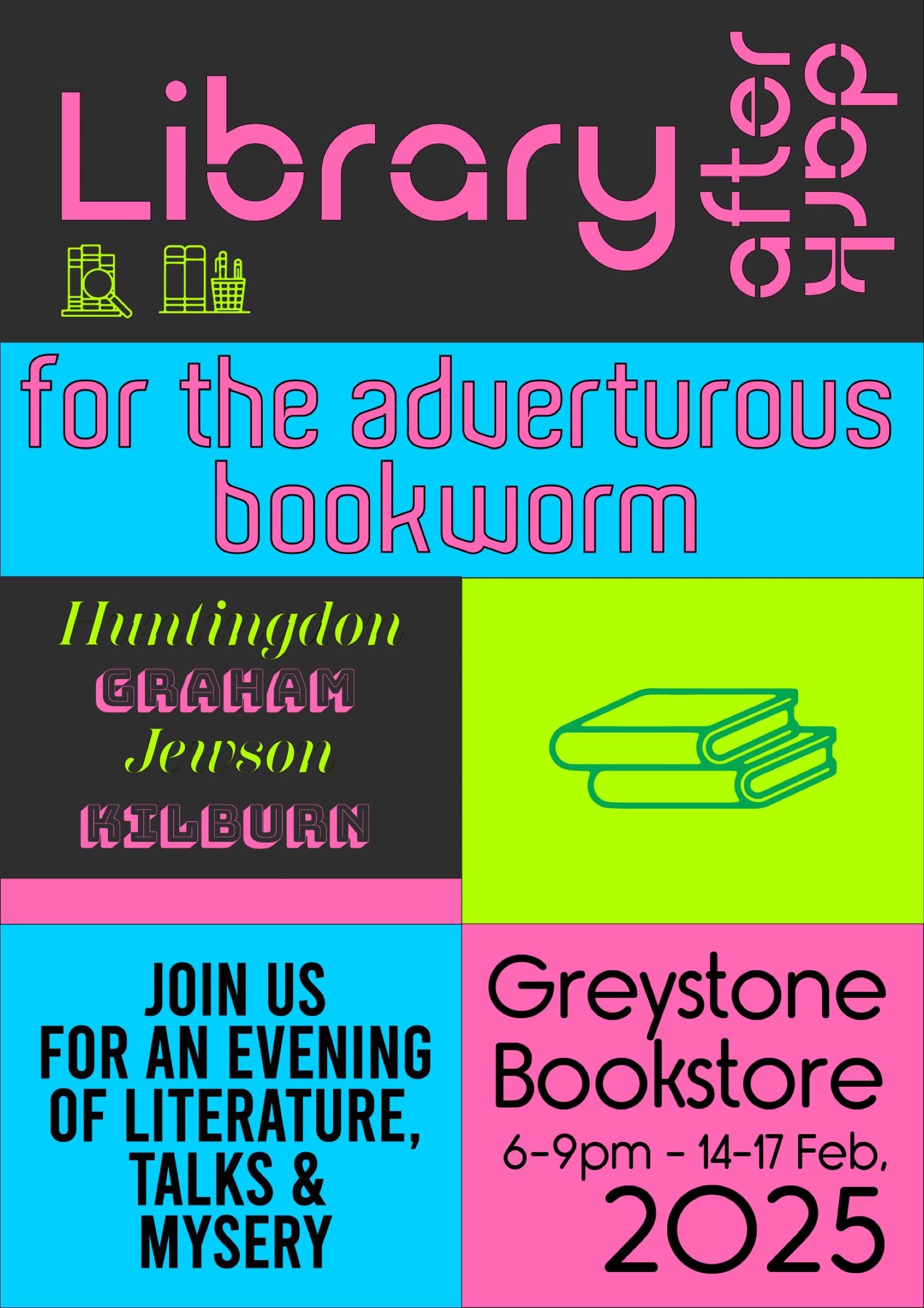 Neo-brutalist poster design: Library After Dark