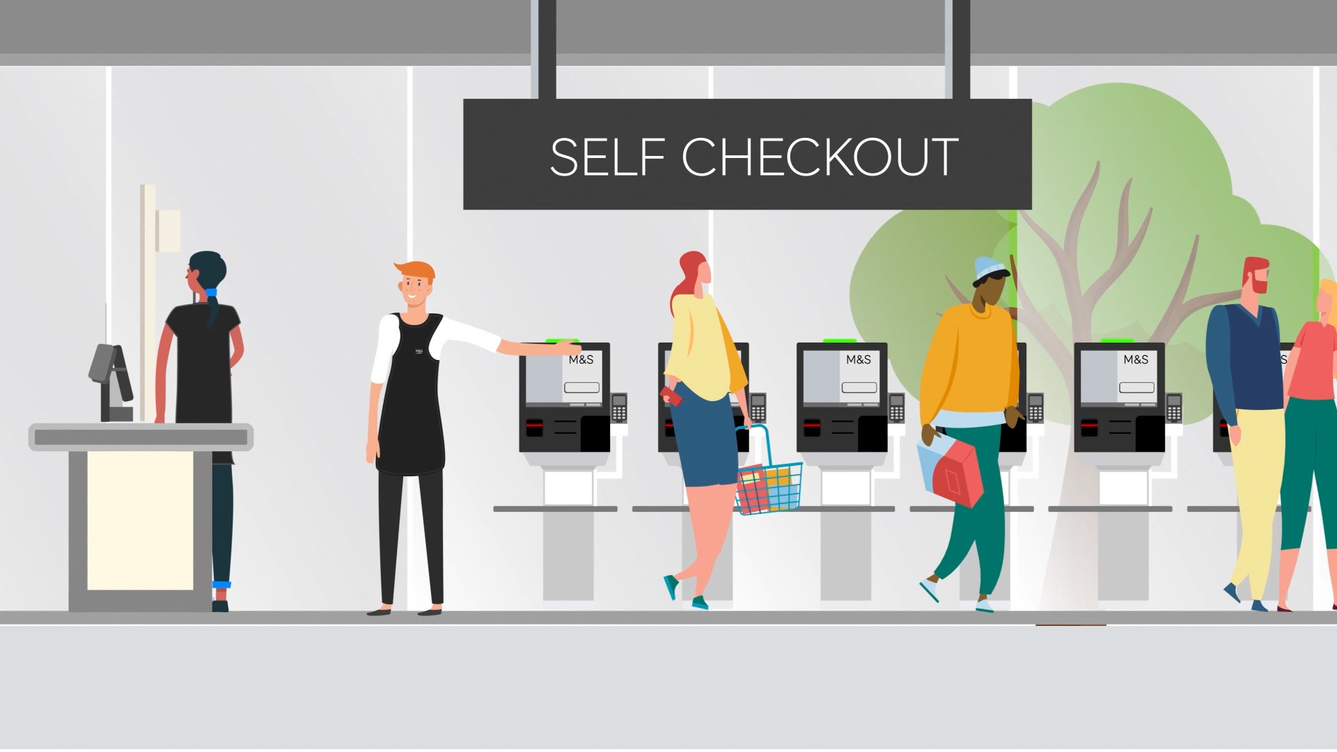 Animated M&S self checkout area with colleagues helping customers