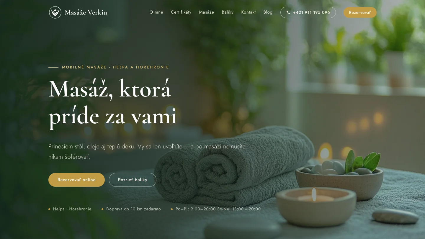The Masáže Verkin home page, designed by Jamie Steedman